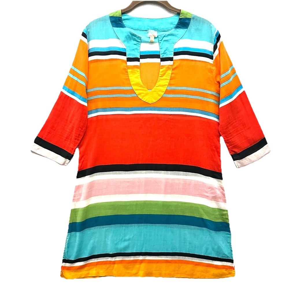 Echo Tunic Dress Swim Cover Up L Large Bold Multicolor Striped 100% Cotton